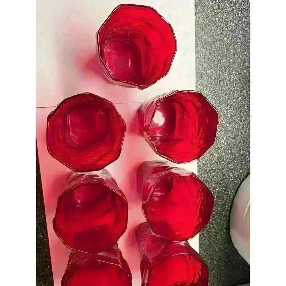 7 Vintage Ruby Red Morgantown Seneca Crinkle Driftwood Juice Mid Century glasses